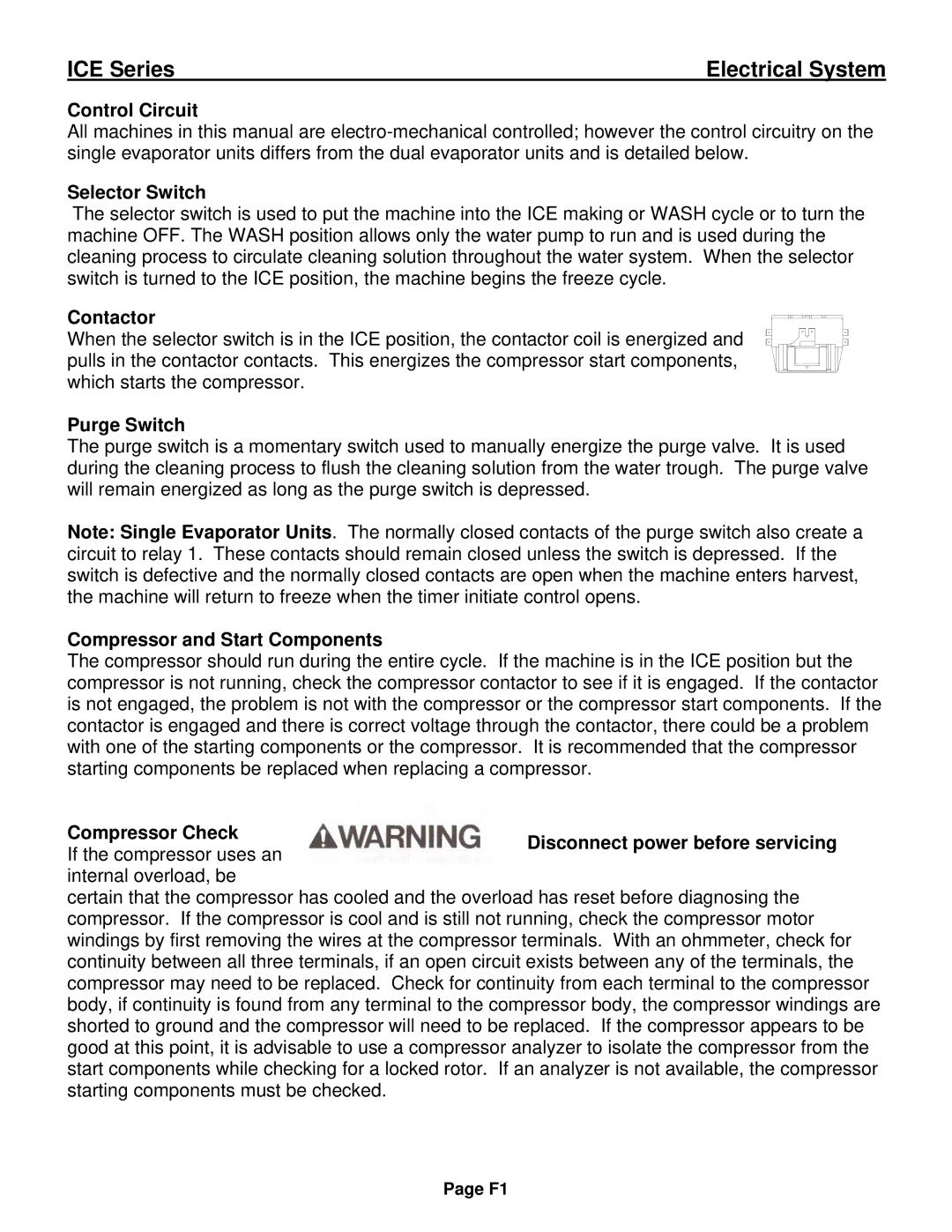 Ice-O-Matic ICE0250 Series Control Circuit, Selector Switch, Contactor, Purge Switch, Compressor and Start Components 