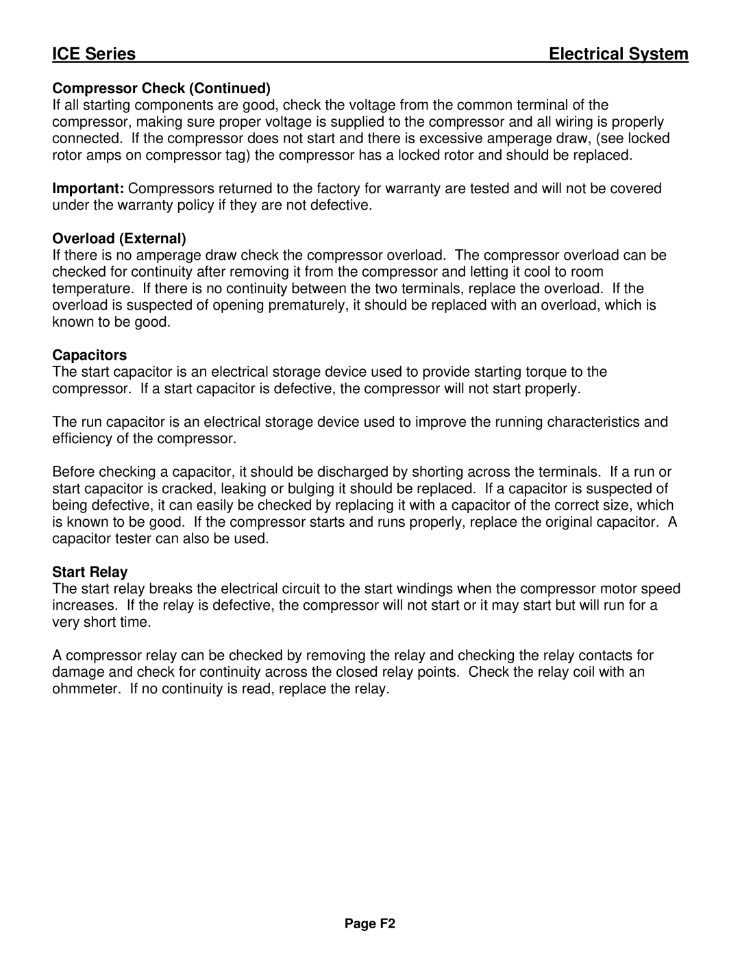 Ice-O-Matic ICE0250 Series installation manual Overload External, Capacitors, Start Relay 