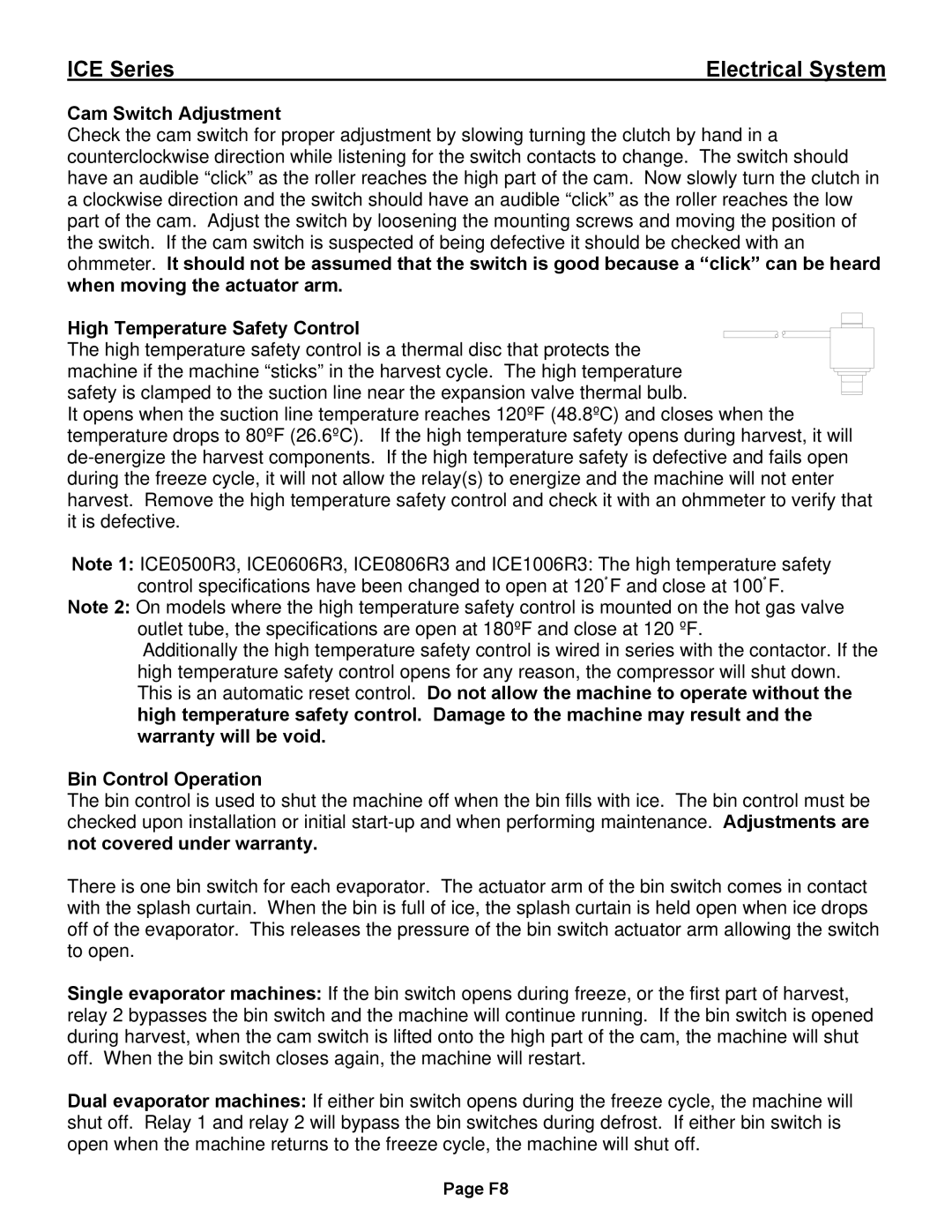 Ice-O-Matic ICE0250 Series installation manual Cam Switch Adjustment, Bin Control Operation, Not covered under warranty 