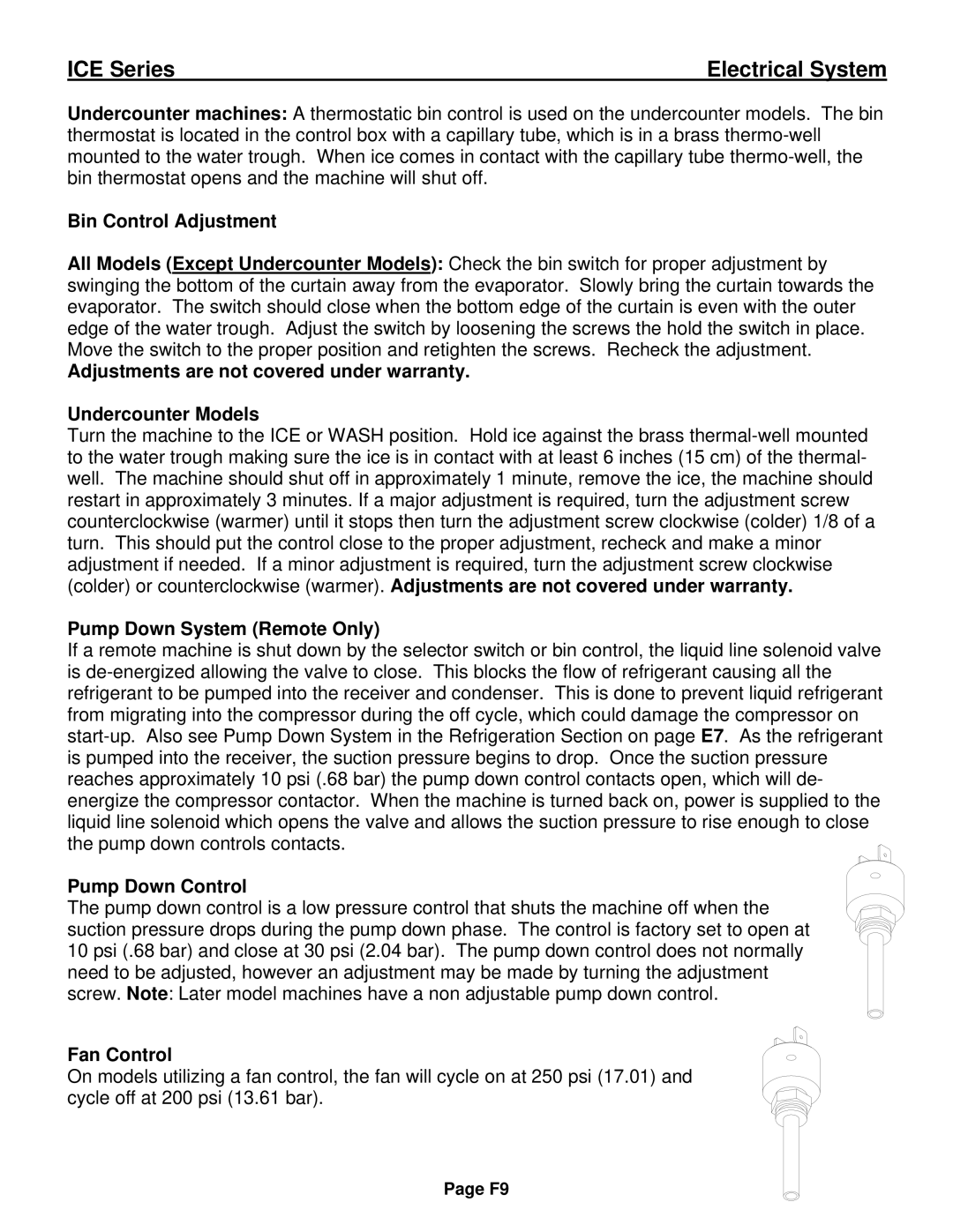 Ice-O-Matic ICE0250 Series installation manual Bin Control Adjustment, Pump Down Control, Fan Control 