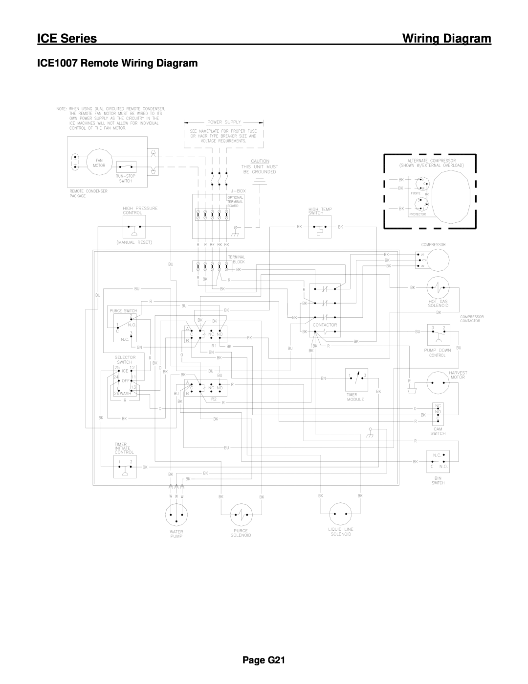 Ice-O-Matic ICE0250 Series installation manual ICE1007 Remote Wiring Diagram, ICE Series, Page G21 