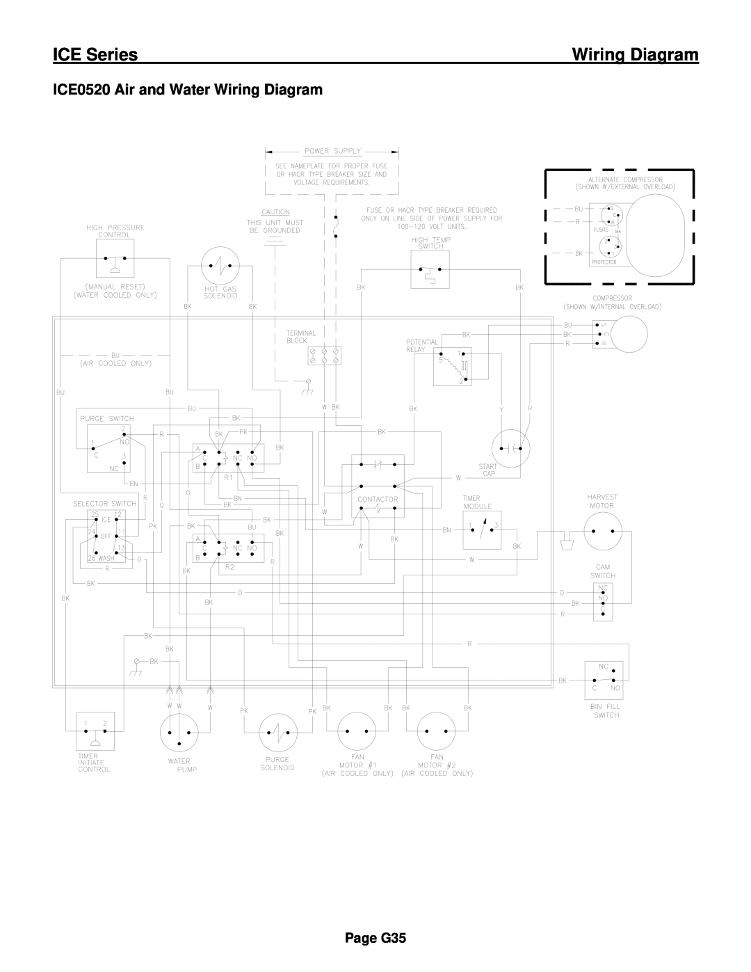 Ice-O-Matic ICE0250 Series installation manual ICE0520 Air and Water Wiring Diagram, ICE Series, Page G35 