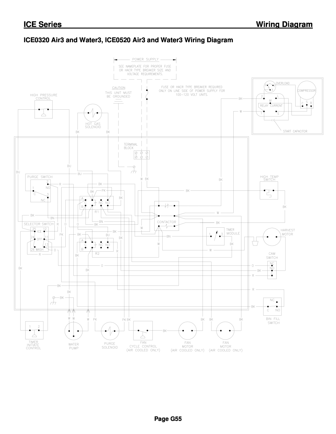 Ice-O-Matic ICE0250 Series ICE0320 Air3 and Water3, ICE0520 Air3 and Water3 Wiring Diagram, ICE Series, Page G55 
