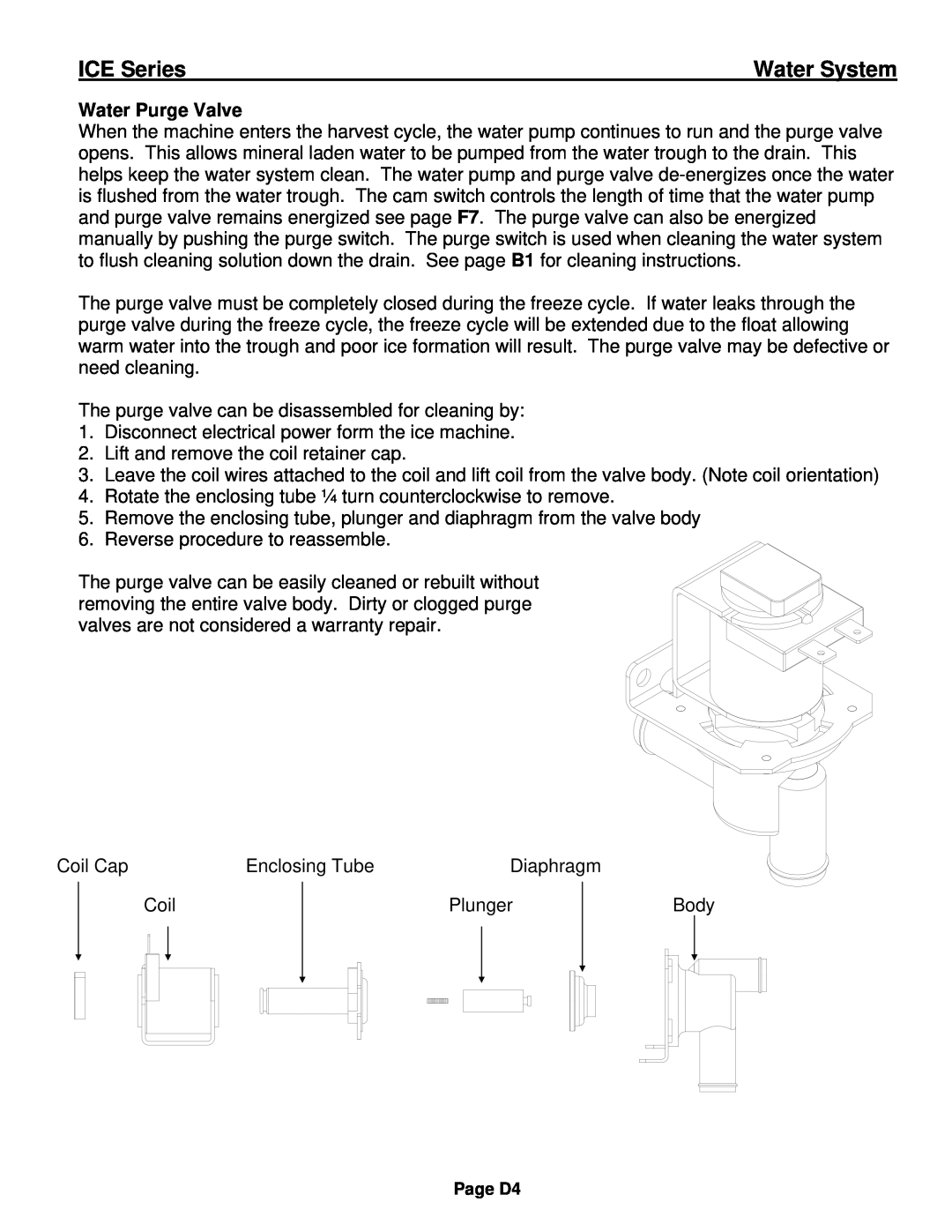 Ice-O-Matic ICE0250 Series installation manual Water Purge Valve, ICE Series, Water System 