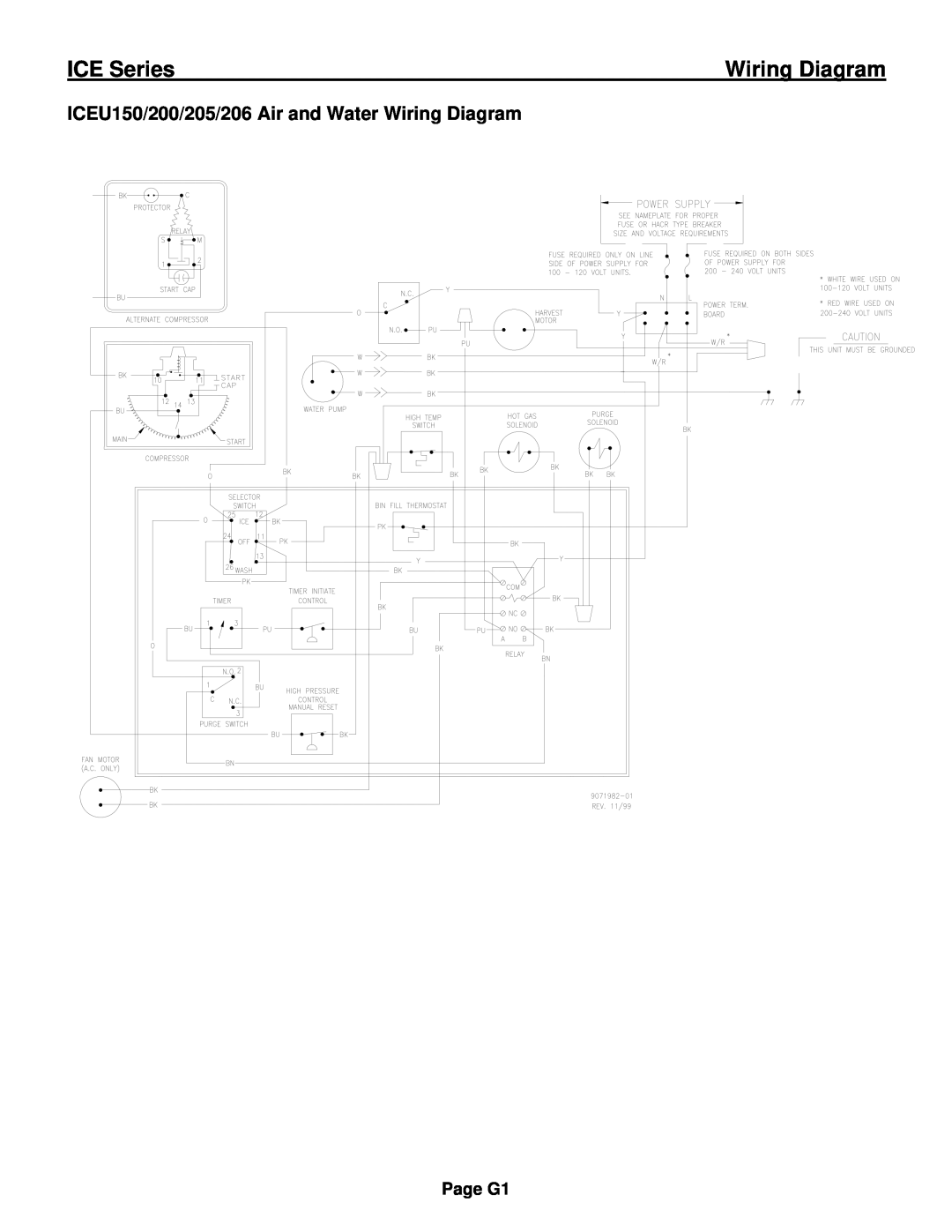 Ice-O-Matic ICE0250 Series installation manual ICEU150/200/205/206 Air and Water Wiring Diagram, ICE Series 