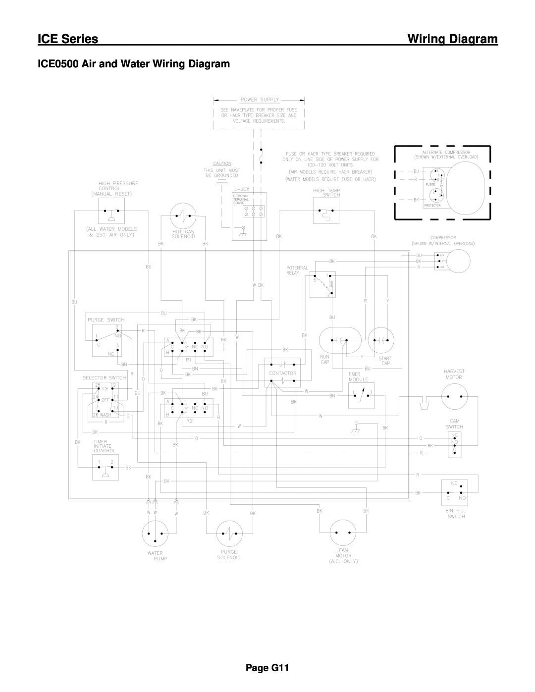 Ice-O-Matic ICE0250 Series installation manual ICE0500 Air and Water Wiring Diagram, ICE Series, Page G11 