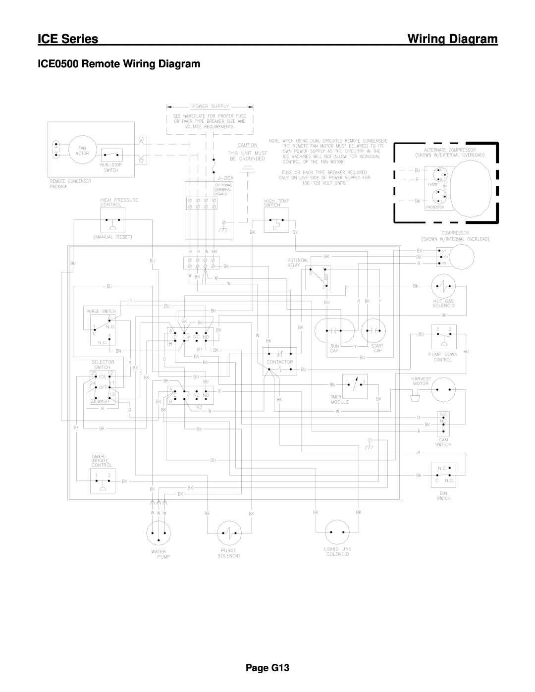 Ice-O-Matic ICE0250 Series installation manual ICE0500 Remote Wiring Diagram, ICE Series, Page G13 