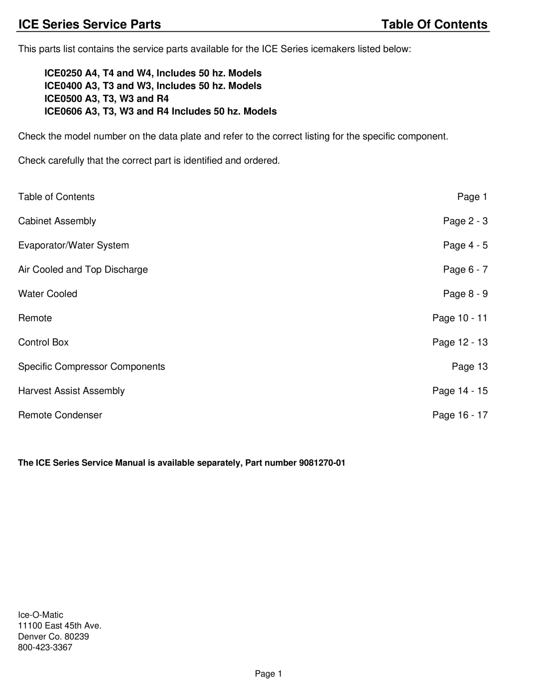 Ice-O-Matic ICE0400A3-T3-W3, ICE0250A4-T4-W4, ICE0500A3-T3-W3-R4 manual ICE Series Service Parts, Table Of Contents 