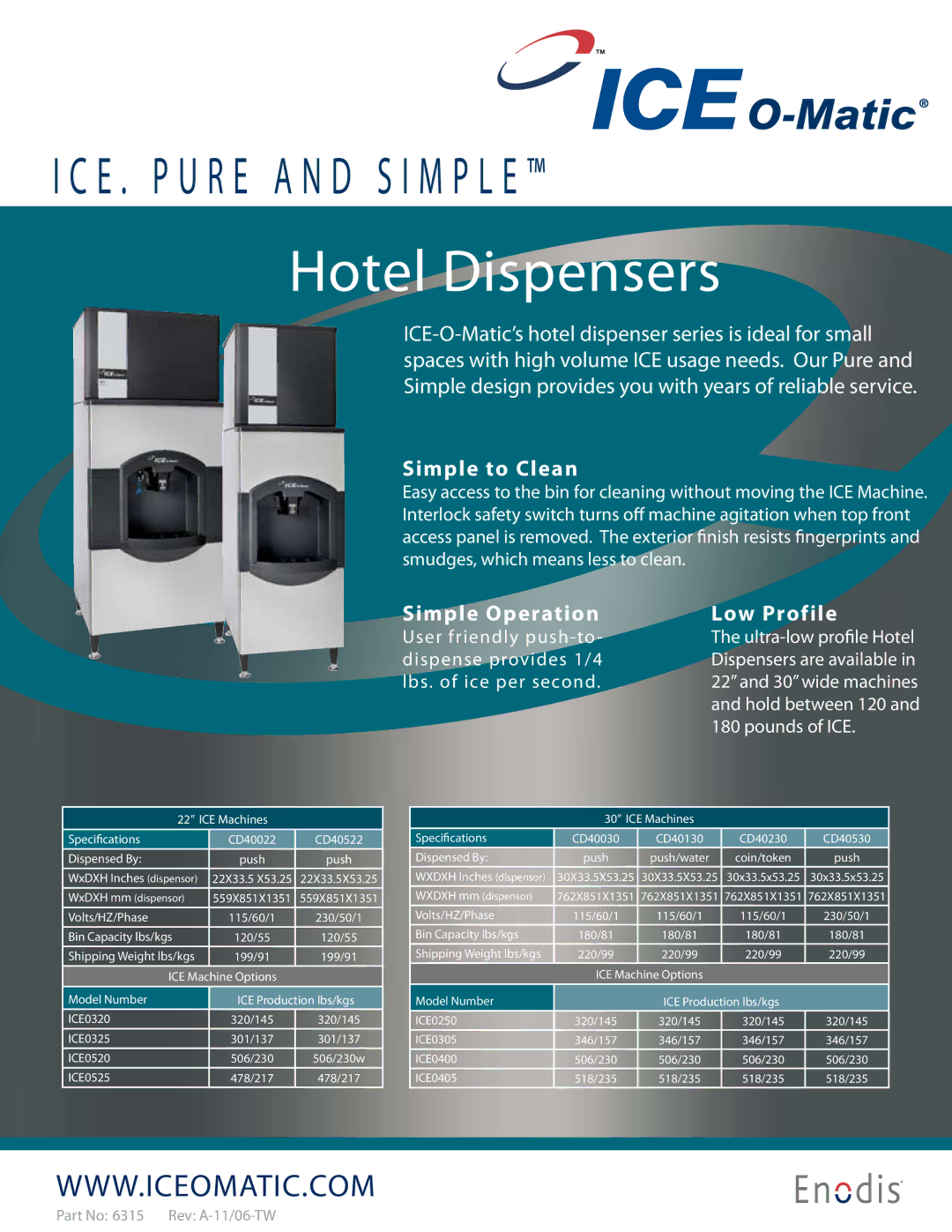 Ice-O-Matic ICE0320, ICE0325 manual Hotel Dispensers, Simple to Clean, Simple Operation, Low Profile 