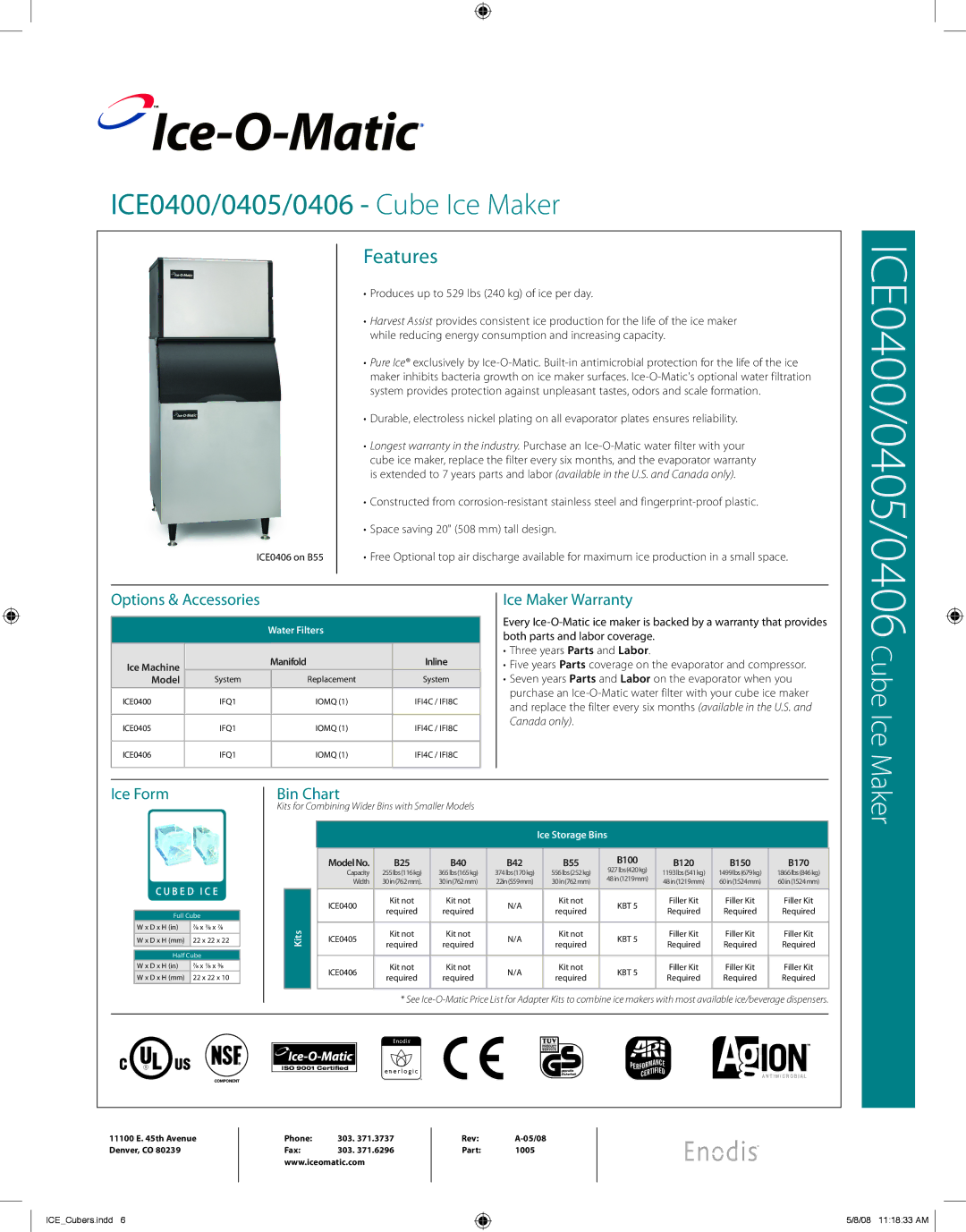 Ice-O-Matic ICE0406, ICE0405, ICE0400 warranty Options & Accessories, Ice Maker Warranty, Ice Form, Bin Chart 