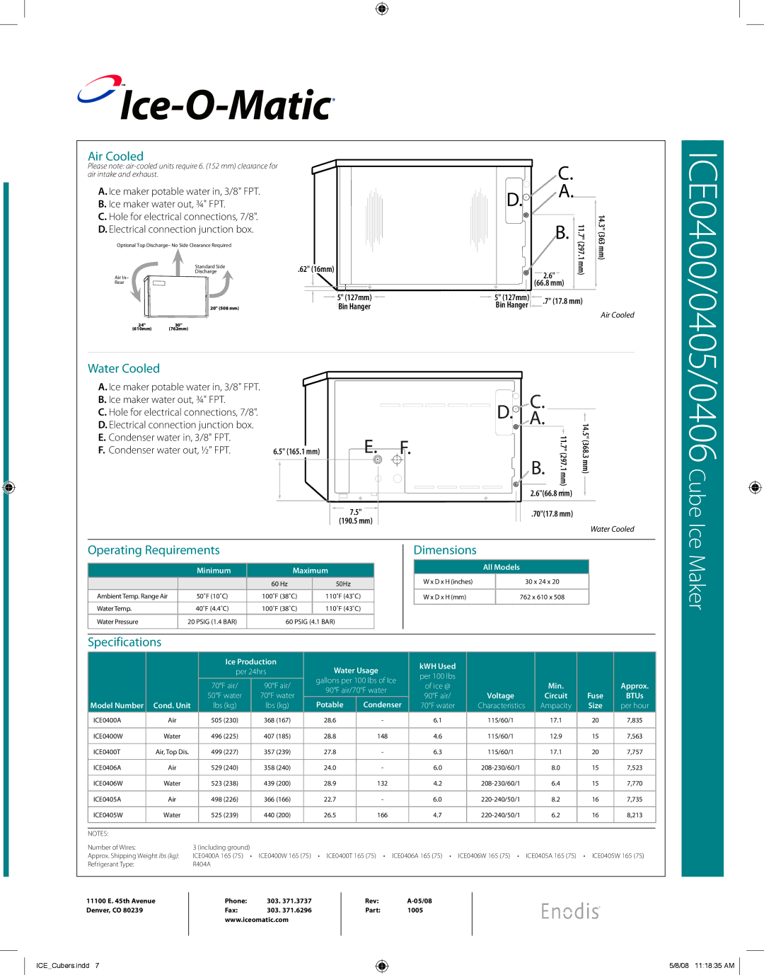 Ice-O-Matic ICE0400, ICE0405, ICE0406 warranty Air Cooled, Water Cooled, Operating Requirements, Specifications 