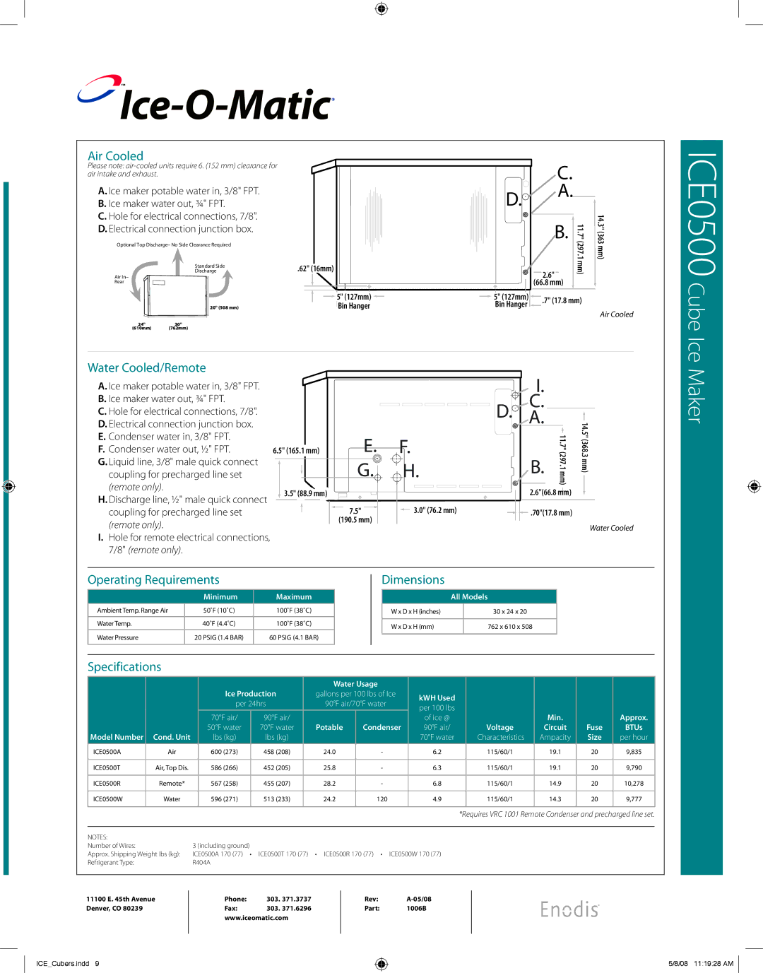 Ice-O-Matic ICE0500 warranty Air Cooled, Water Cooled/Remote, Operating Requirements Dimensions, Specifications 
