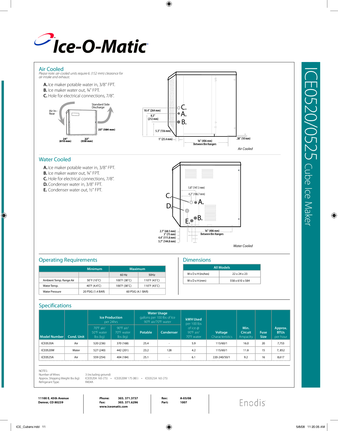 Ice-O-Matic ICE0520, ICE0525 warranty Air Cooled, Water Cooled, Operating Requirements, Specifications 