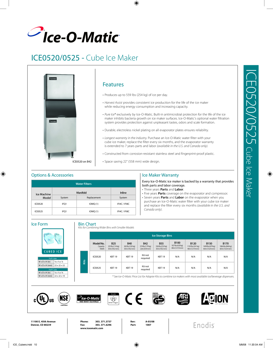 Ice-O-Matic ICE0525 warranty Ice-O-Matic, Options & Accessories, Ice Maker Warranty, Ice Form, Bin Chart, Features 