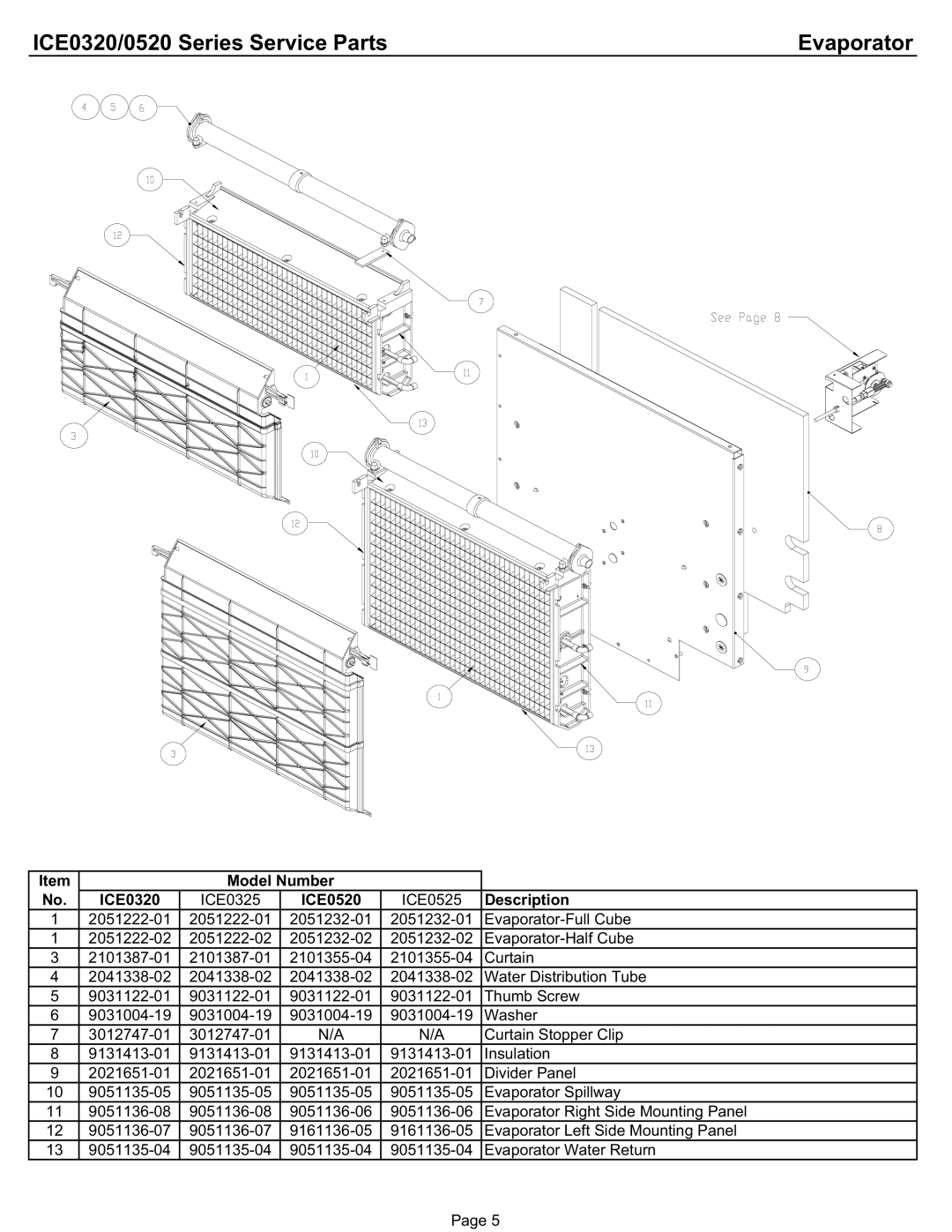 Ice-O-Matic ICE0320A3/W3, ICE0520A3/W3 manual ICE0320/0520 Series Service Parts, Evaporator 