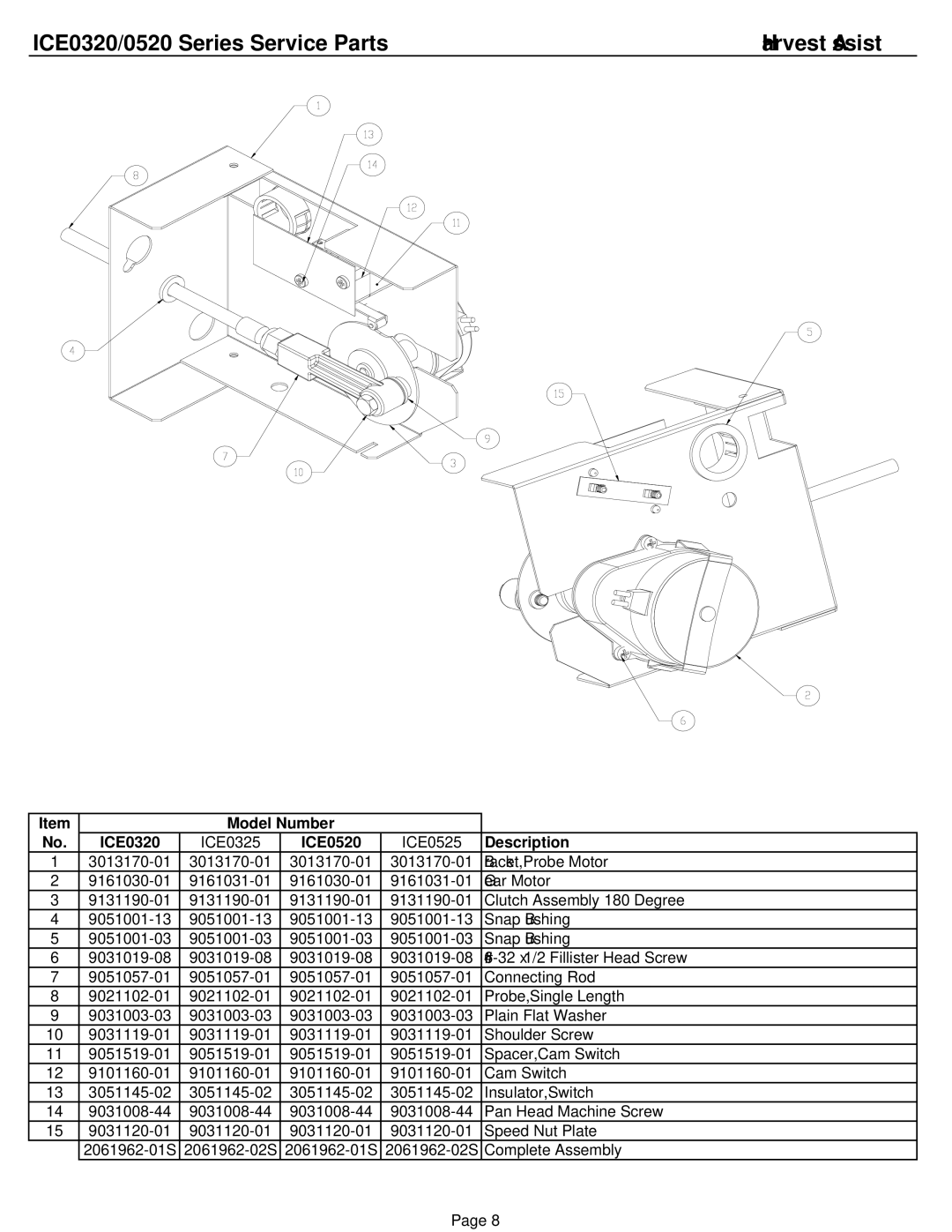 Ice-O-Matic ICE0520W3, ICE0320W3 manual ICE0320/0520 Series Service Parts Harvest Assist 