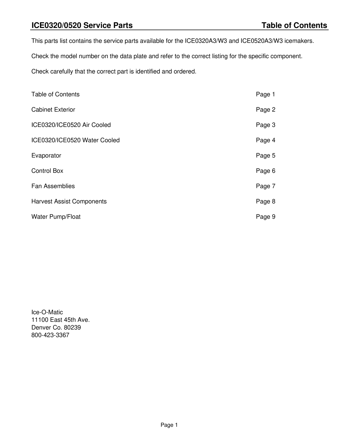 Ice-O-Matic ICE0320W3, ICE0520W3 manual ICE0320/0520 Service Parts, Table of Contents 