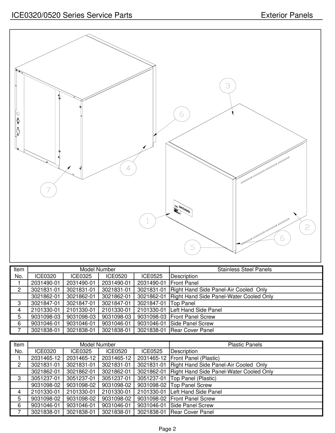 Ice-O-Matic ICE0520W3, ICE0320W3 manual ICE0320/0520 Series Service Parts, Exterior Panels 