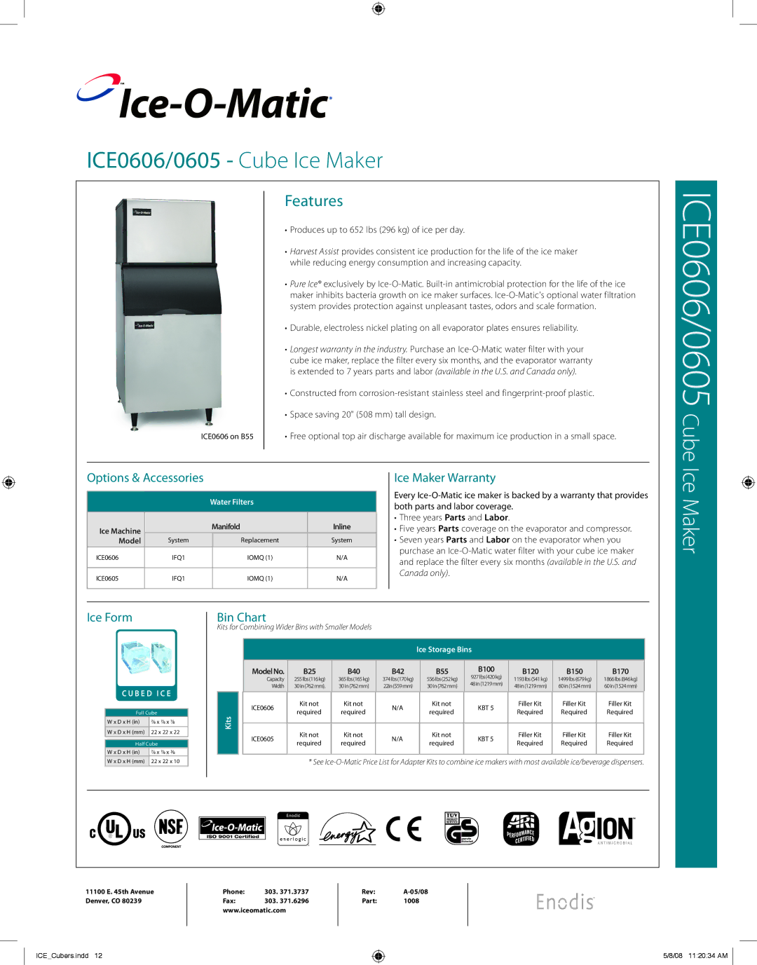 Ice-O-Matic ICE0606, ICE0605 warranty Options & Accesssories, Ice Maker Warranty, Ice Form, Bin Chart 