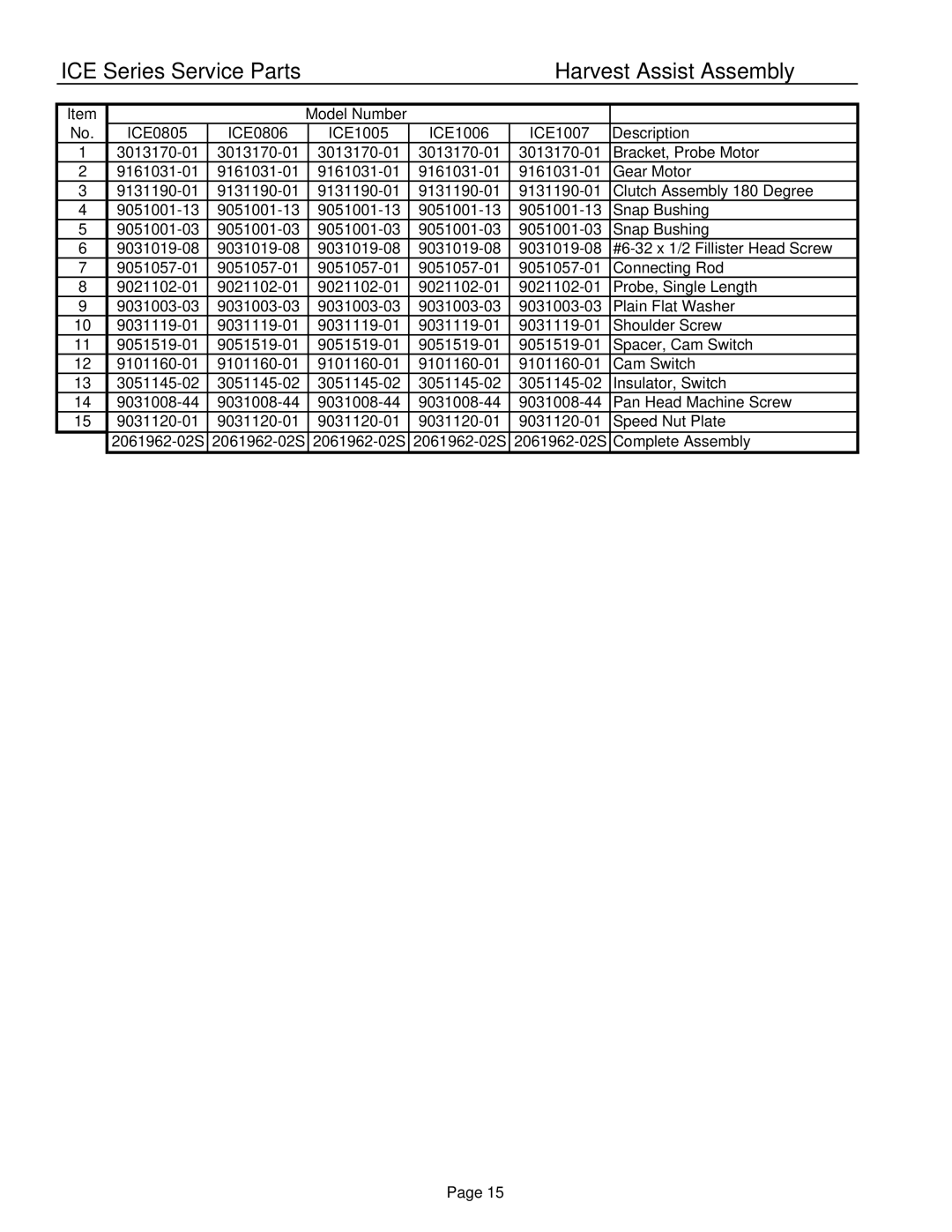 Ice-O-Matic ICE0806A3-W3-R4, ICE1006A3-W3-R4 manual ICE Series Service Parts Harvest Assist Assembly 