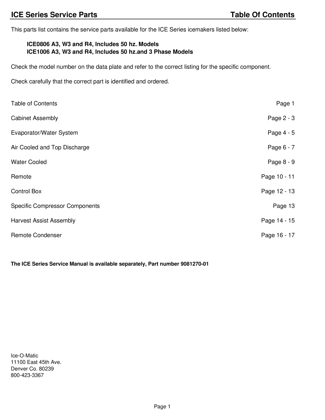 Ice-O-Matic ICE0806A3-W3-R4, ICE1006A3-W3-R4 manual ICE Series Service Parts 