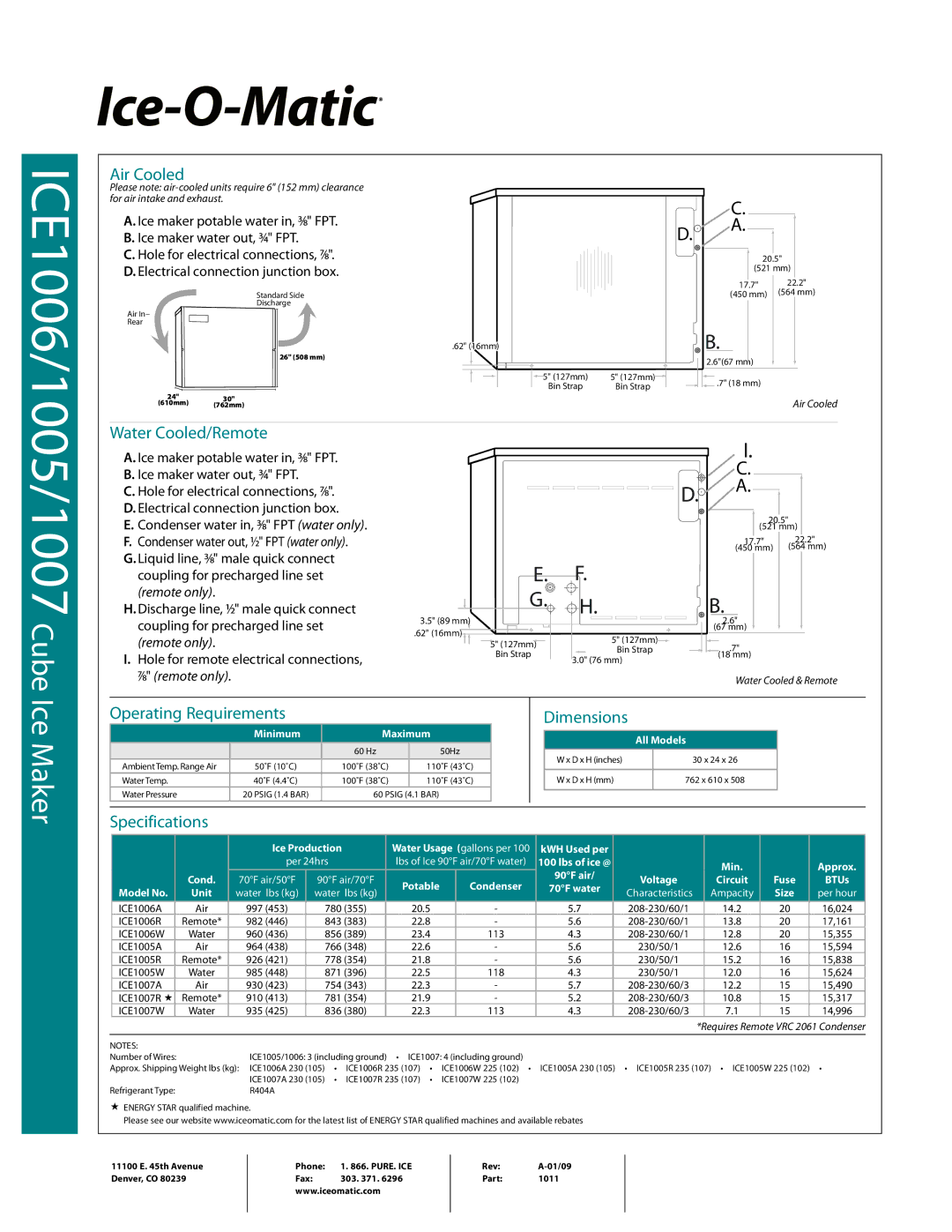 Ice-O-Matic ICE1007, ICE1005 warranty Air Cooled, Water Cooled/Remote, Operating Requirements Dimensions, Specifications 