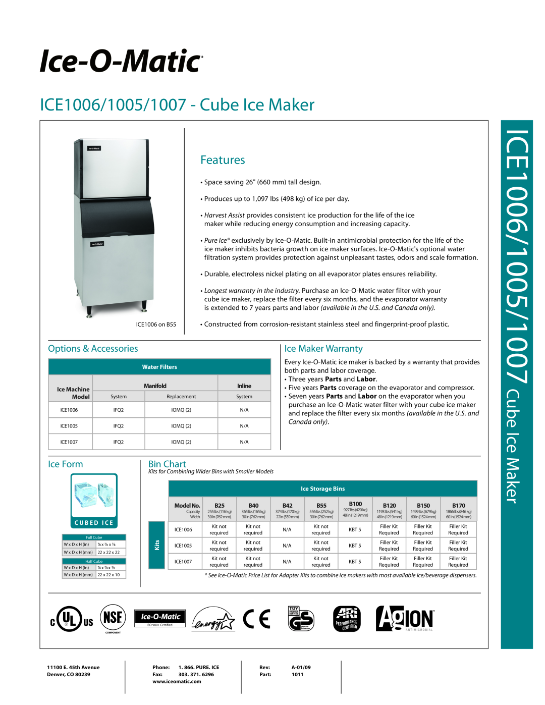 Ice-O-Matic ICE1005 warranty Options & Accessories, Ice Maker Warranty, Ice Form, Bin Chart, ICE1006/1005/1007 