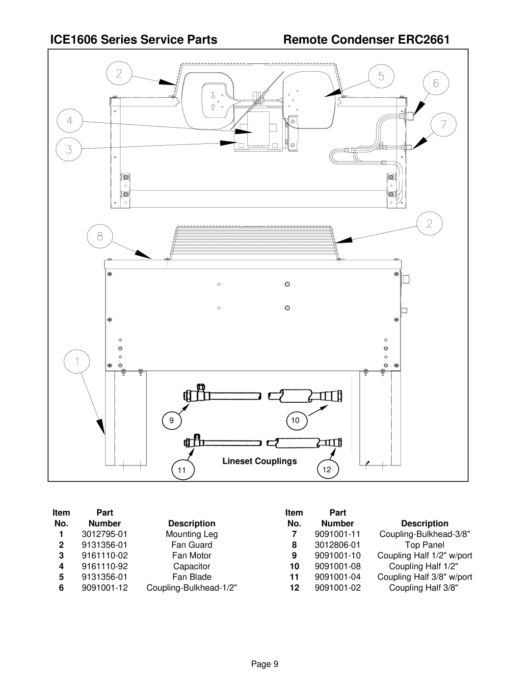 Ice-O-Matic ICE1606 manual Remote Condenser ERC2661, Lineset Couplings Part Number Description 