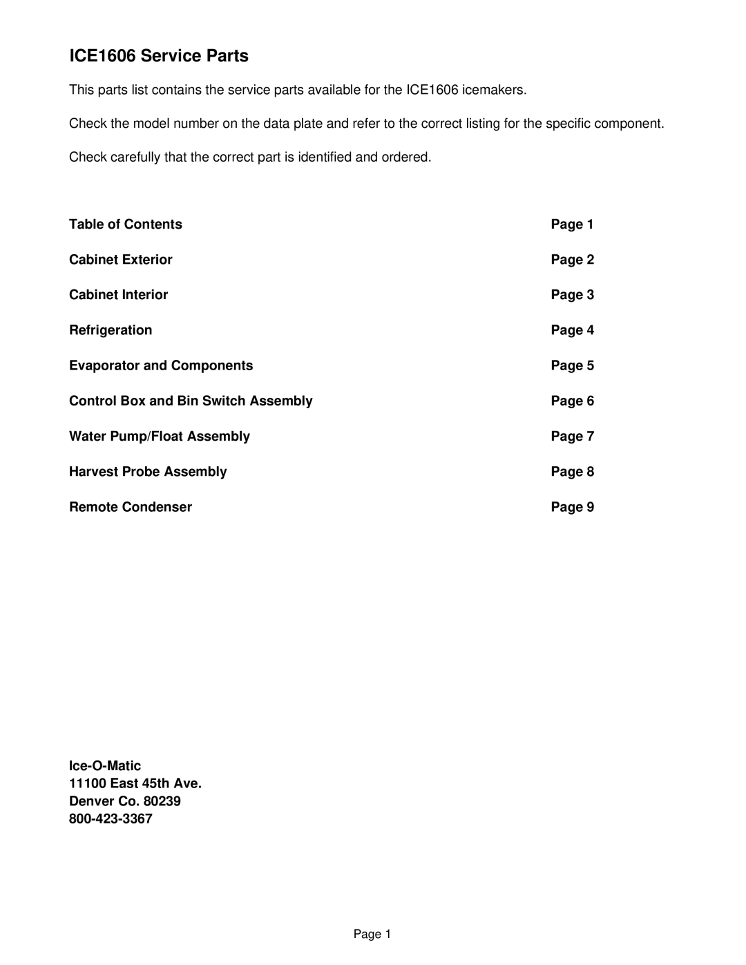 Ice-O-Matic manual ICE1606 Service Parts 