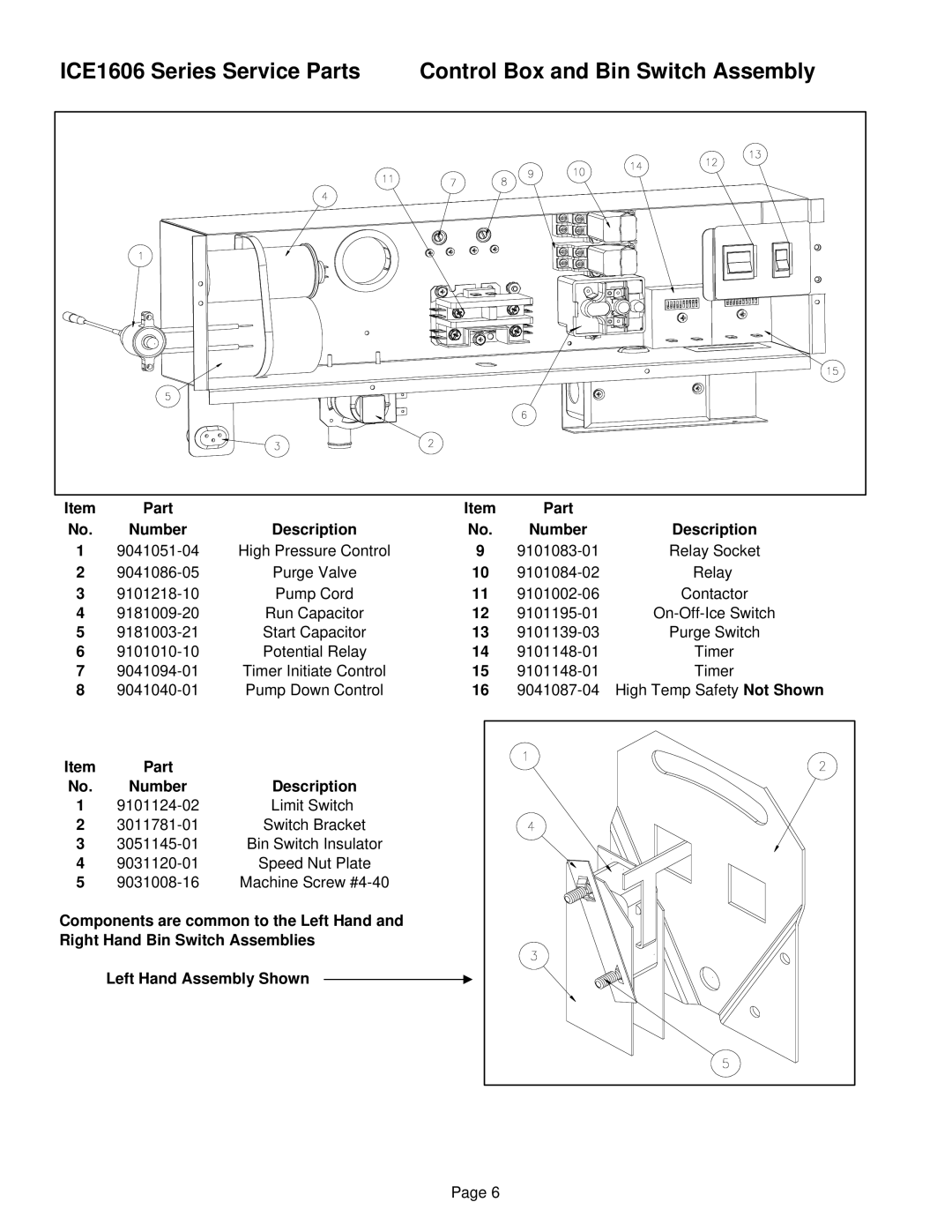 Ice-O-Matic ICE1606 manual Control Box and Bin Switch Assembly, Number Description 