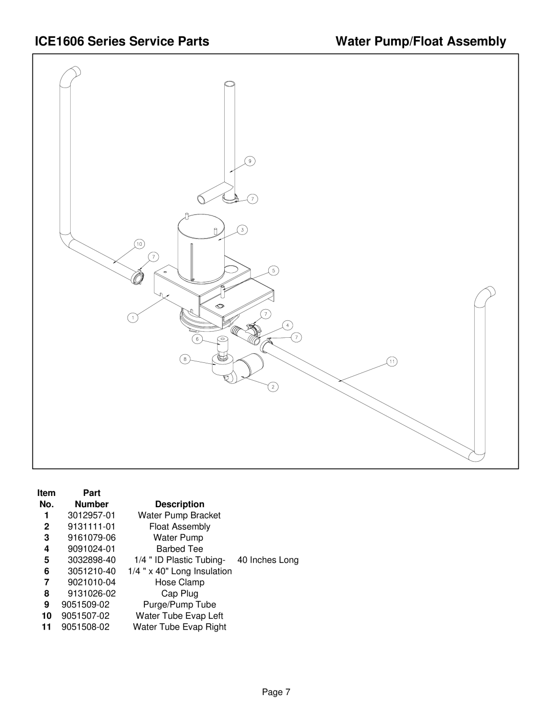 Ice-O-Matic manual ICE1606 Series Service Parts Water Pump/Float Assembly 