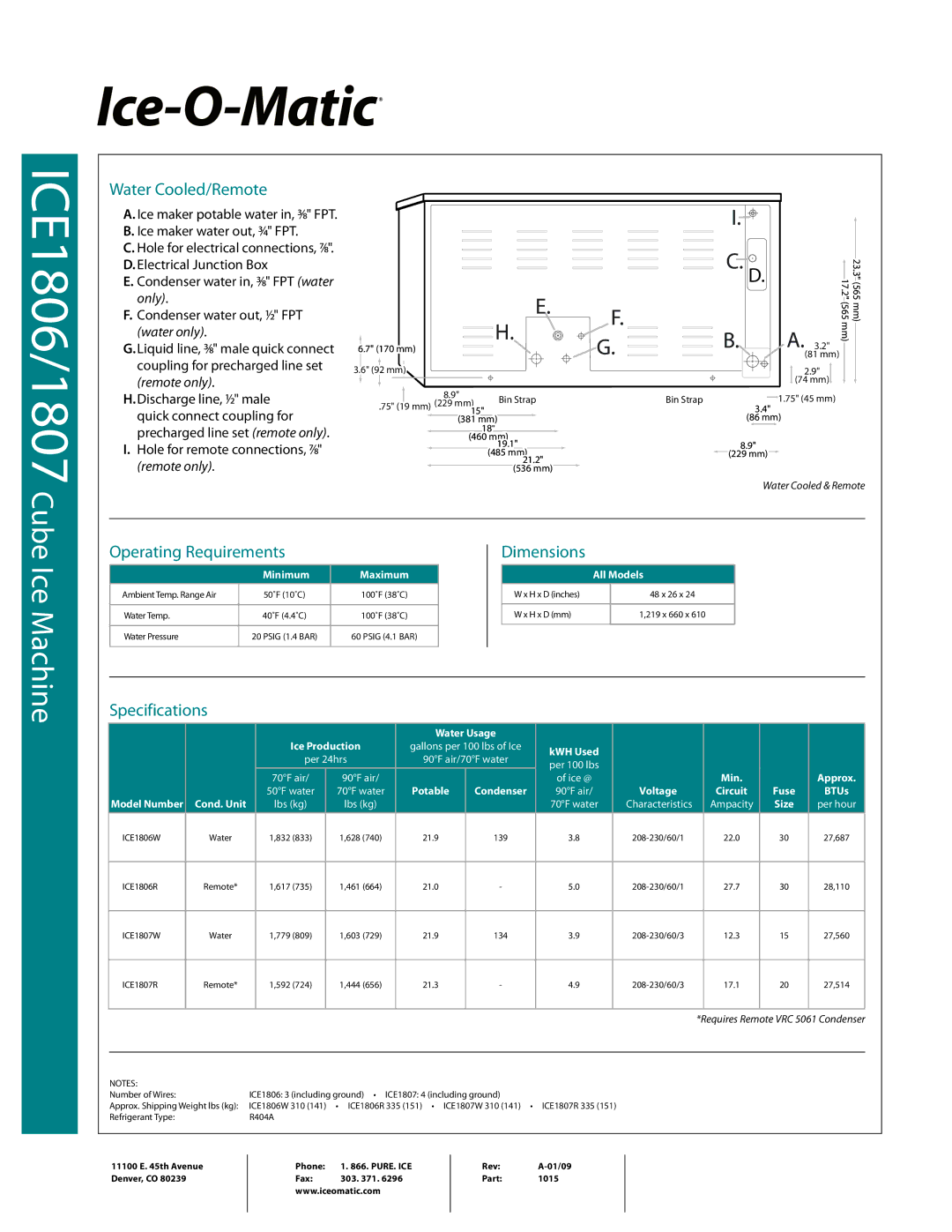 Ice-O-Matic ICE1806/1807 warranty Water Cooled/Remote, Operating Requirements Dimensions, Specifications 