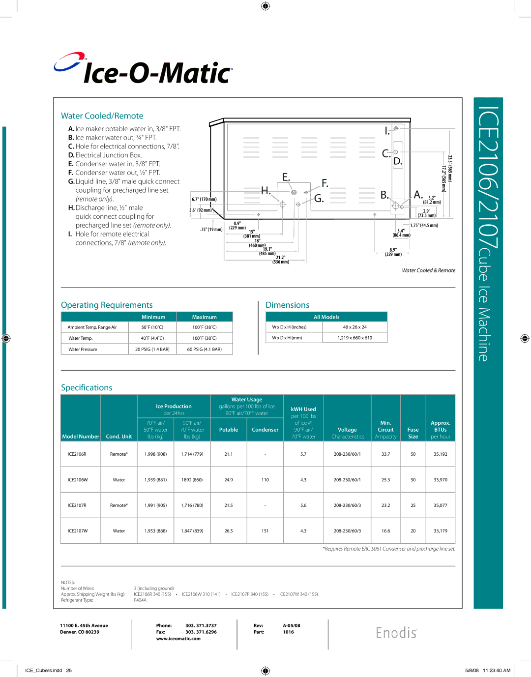 Ice-O-Matic ICE2106/2107 warranty Water Cooled/Remote, Operating Requirements Dimensions, Specifications 