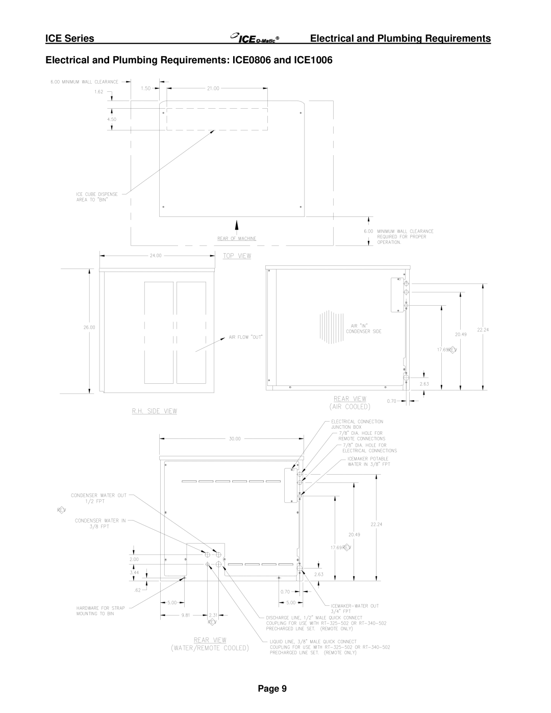 Ice-O-Matic ICE250 through ICE2100 SERIES manual Electrical and Plumbing Requirements ICE0806 and ICE1006 