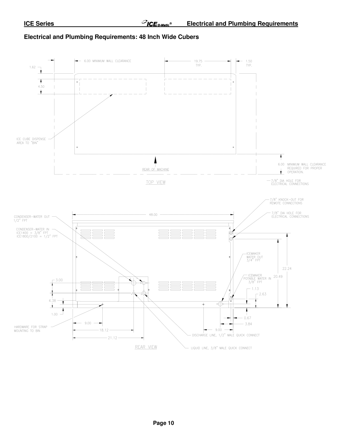 Ice-O-Matic ICE250 through ICE2100 SERIES manual Electrical and Plumbing Requirements 48 Inch Wide Cubers 