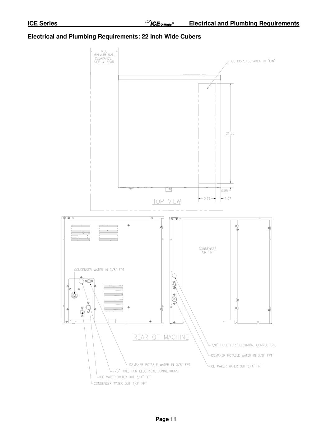 Ice-O-Matic ICE250 through ICE2100 SERIES manual Electrical and Plumbing Requirements 22 Inch Wide Cubers 