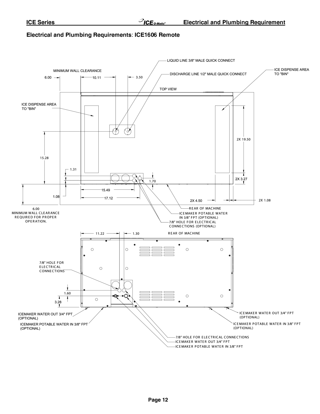 Ice-O-Matic ICE250 through ICE2100 SERIES manual Electrical and Plumbing Requirements ICE1606 Remote 