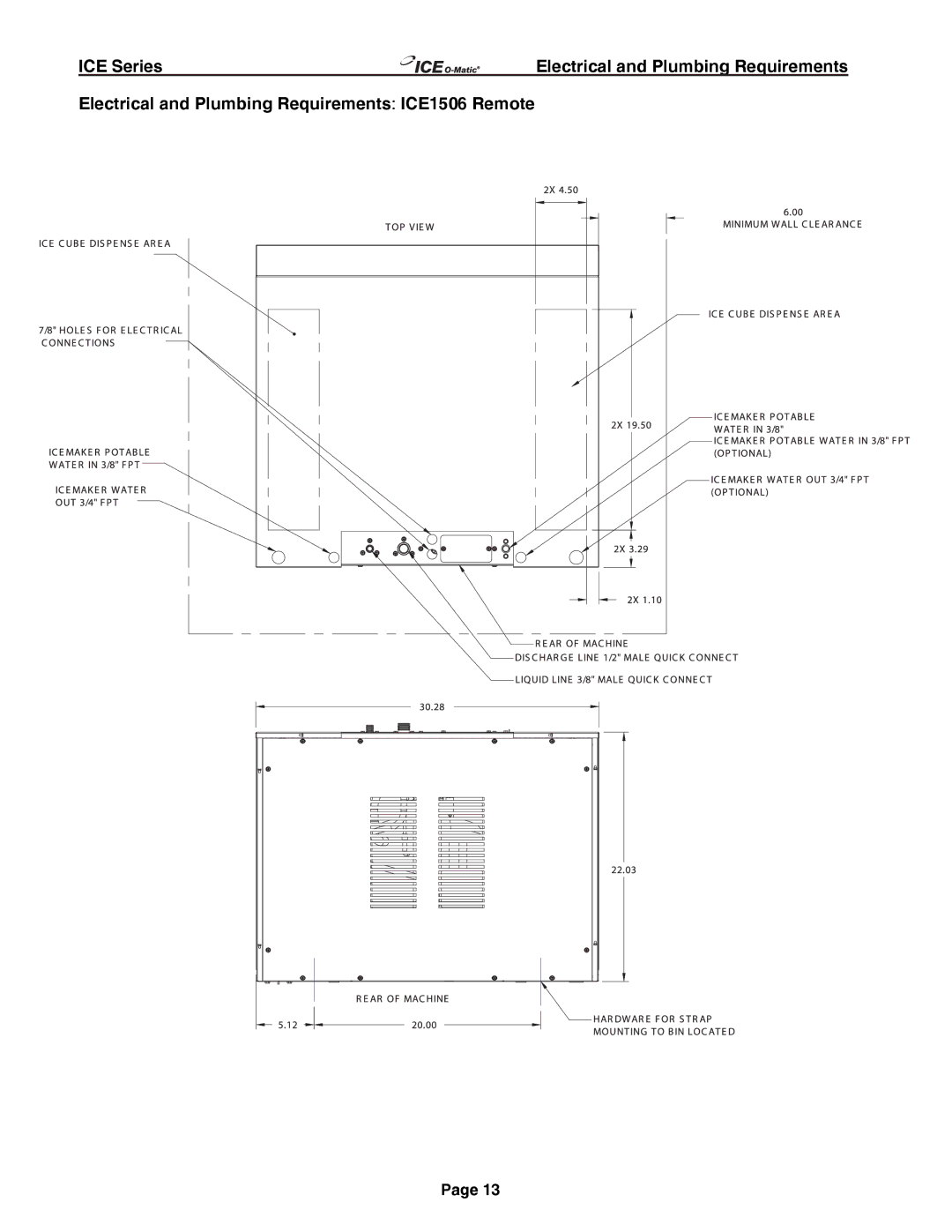 Ice-O-Matic ICE250 through ICE2100 SERIES manual Electrical and Plumbing Requirements ICE1506 Remote 