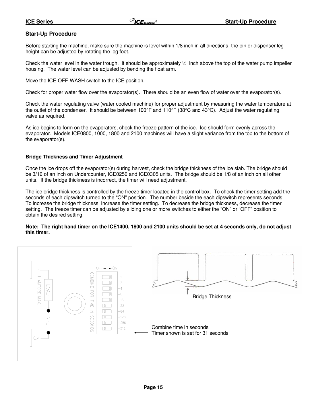 Ice-O-Matic ICE250 through ICE2100 SERIES manual Start-Up Procedure, Bridge Thickness and Timer Adjustment 