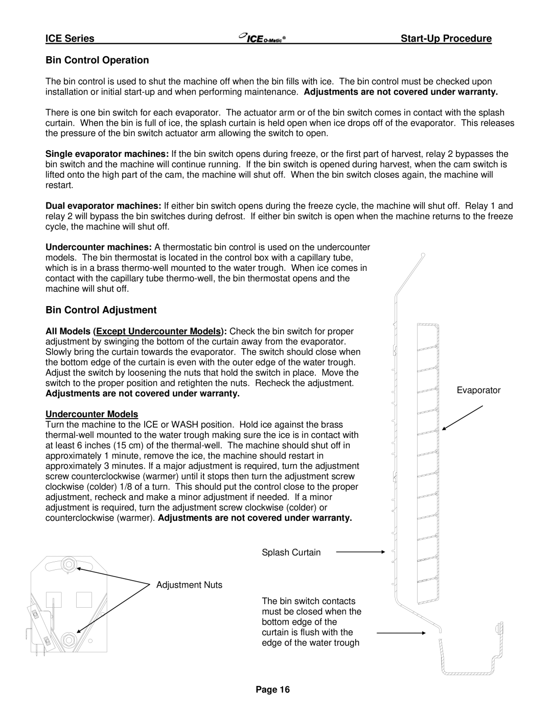 Ice-O-Matic ICE250 through ICE2100 SERIES manual Bin Control Operation, Bin Control Adjustment, Undercounter Models 