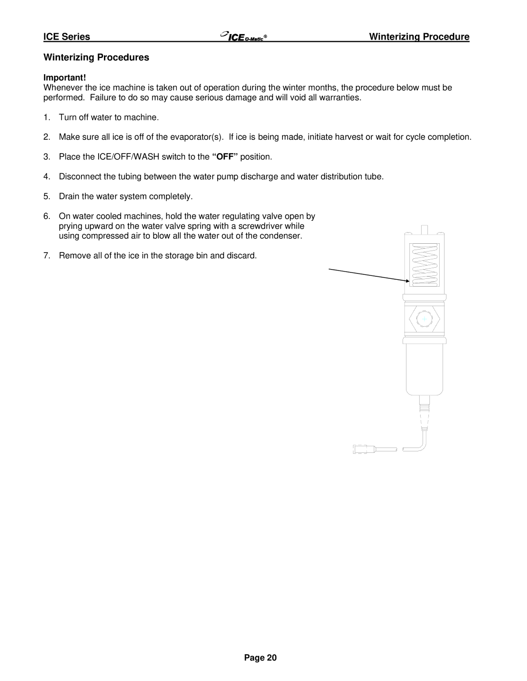 Ice-O-Matic ICE250 through ICE2100 SERIES manual Winterizing Procedures 