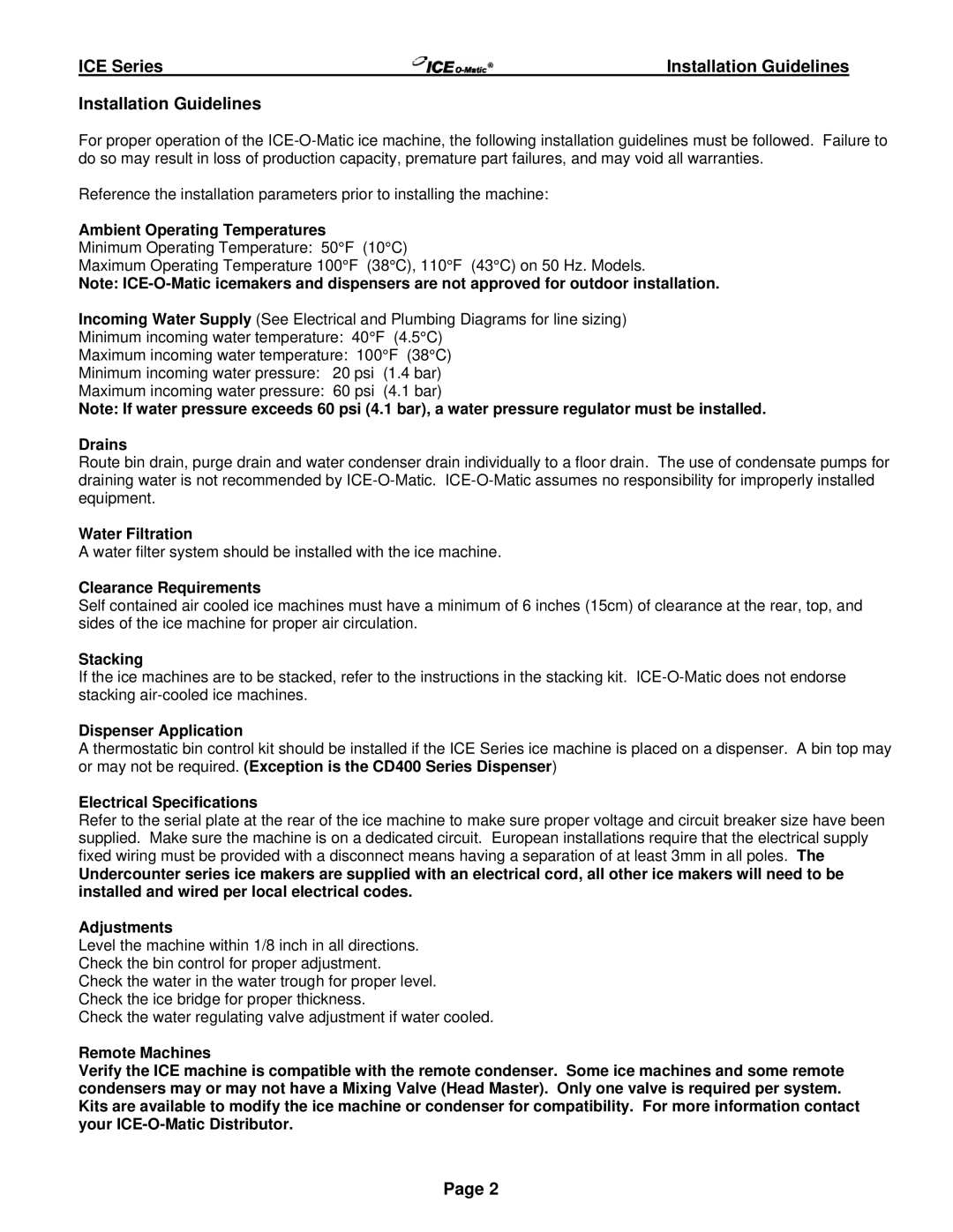 Ice-O-Matic ICE250 through ICE2100 SERIES manual Installation Guidelines 