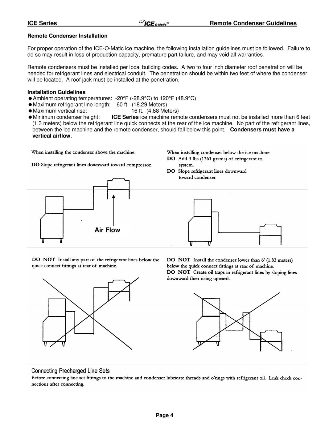 Ice-O-Matic ICE250 through ICE2100 SERIES manual Air Flow, Remote Condenser Installation 
