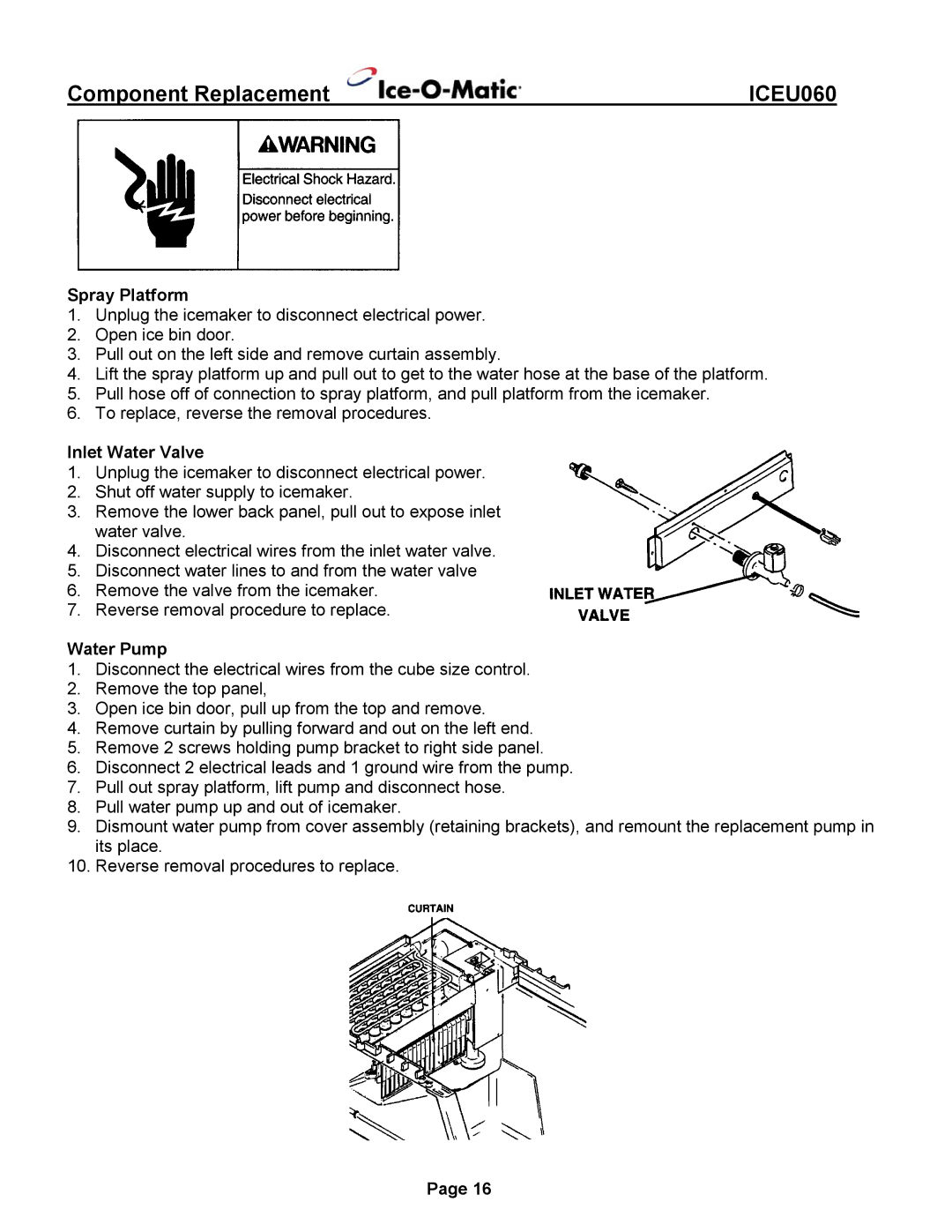 Ice-O-Matic ICEU060 installation manual Spray Platform, Inlet Water Valve, Water Pump 