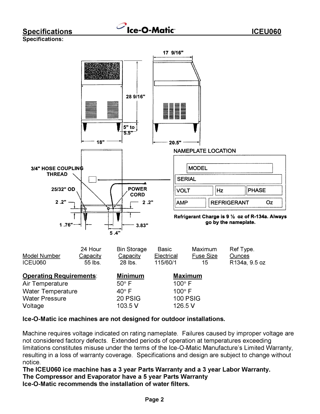 Ice-O-Matic ICEU060 installation manual Specifications 