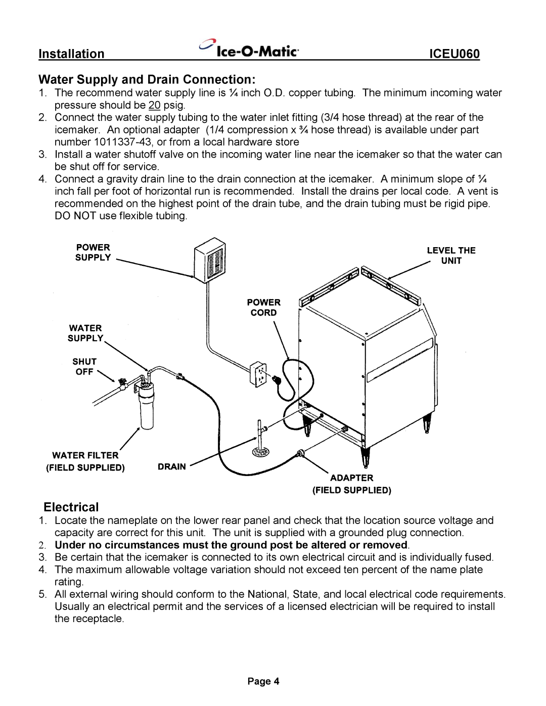 Ice-O-Matic ICEU060 installation manual Water Supply and Drain Connection, Electrical 