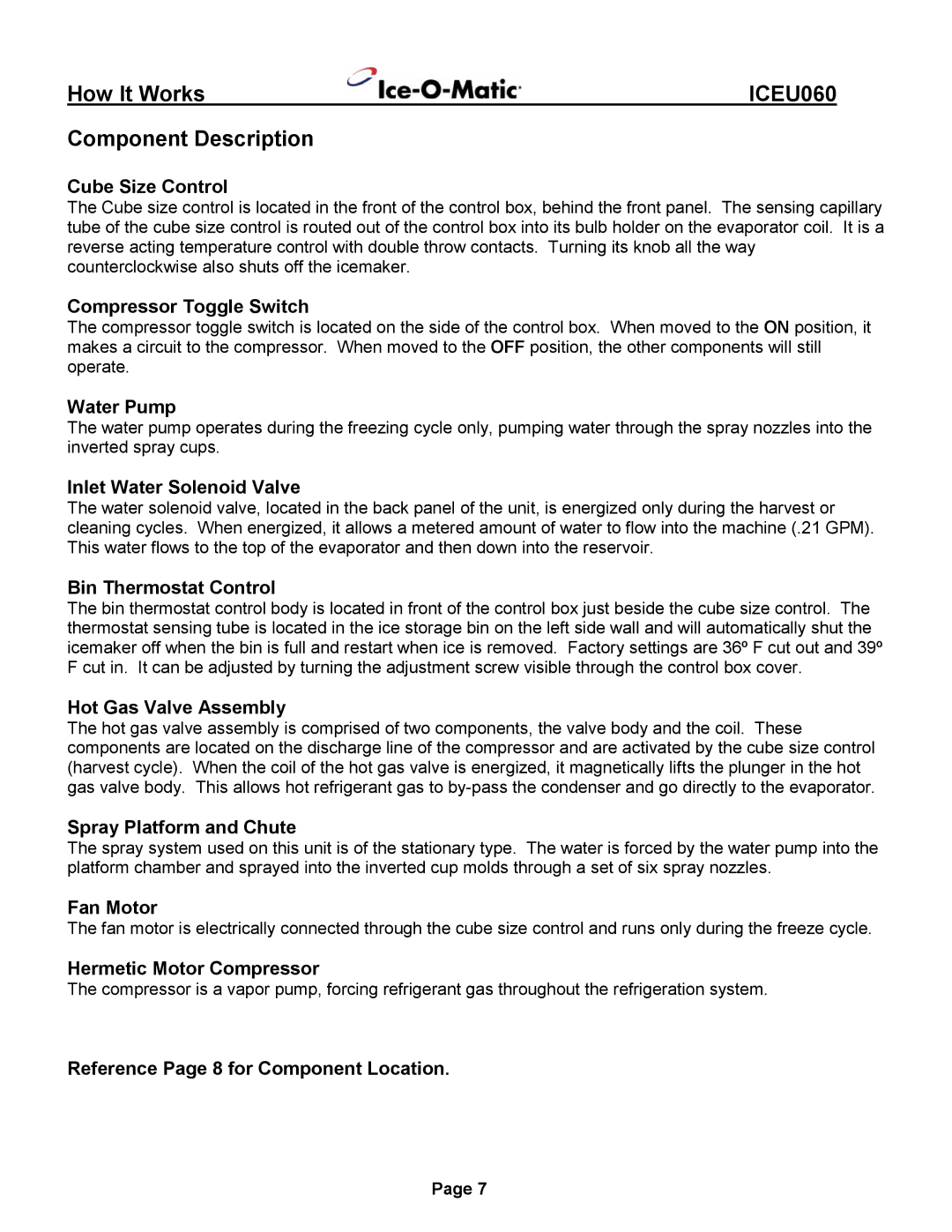 Ice-O-Matic ICEU060 installation manual How It Works, Component Description 