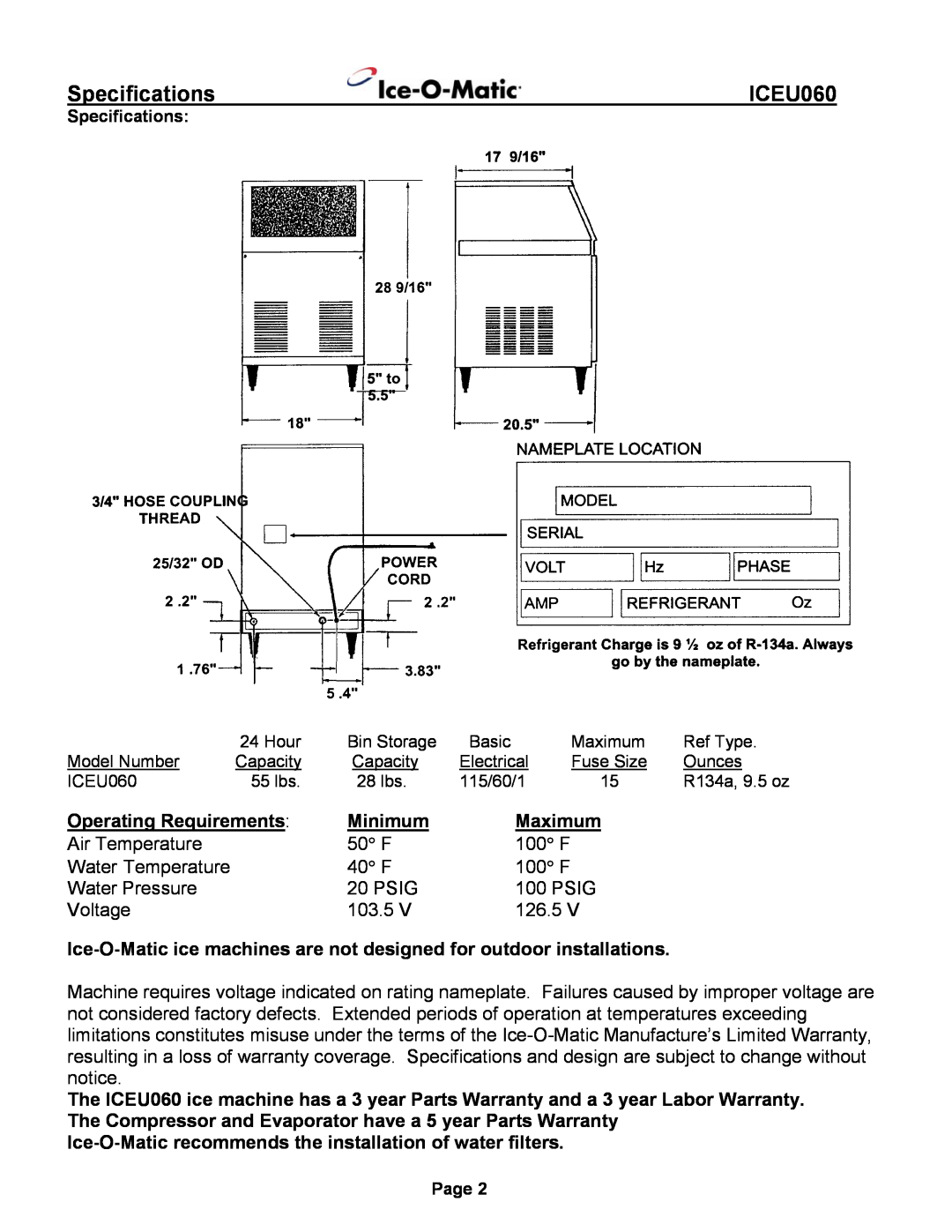 Ice-O-Matic ICEU060 installation manual Specifications 