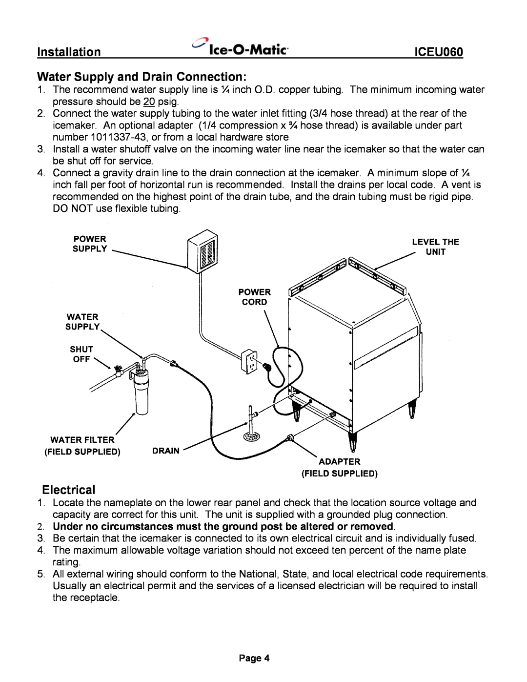 Ice-O-Matic ICEU060 installation manual Water Supply and Drain Connection, Electrical, Installation 