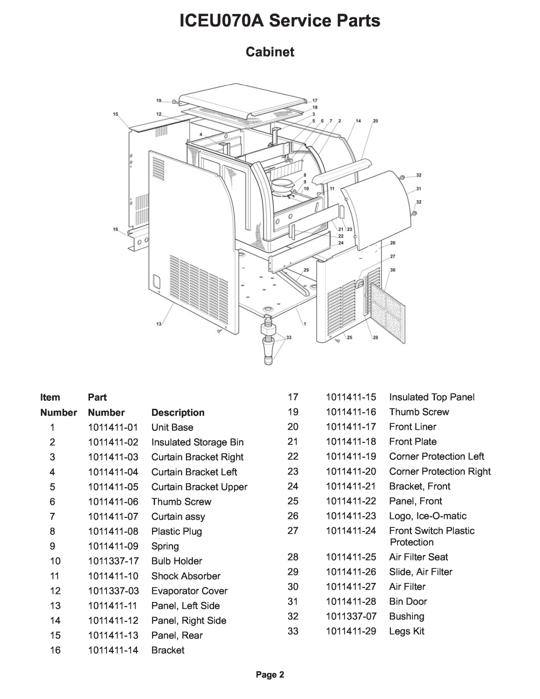 Ice-O-Matic manual Cabinet, Number, Description, ICEU070A Service Parts 